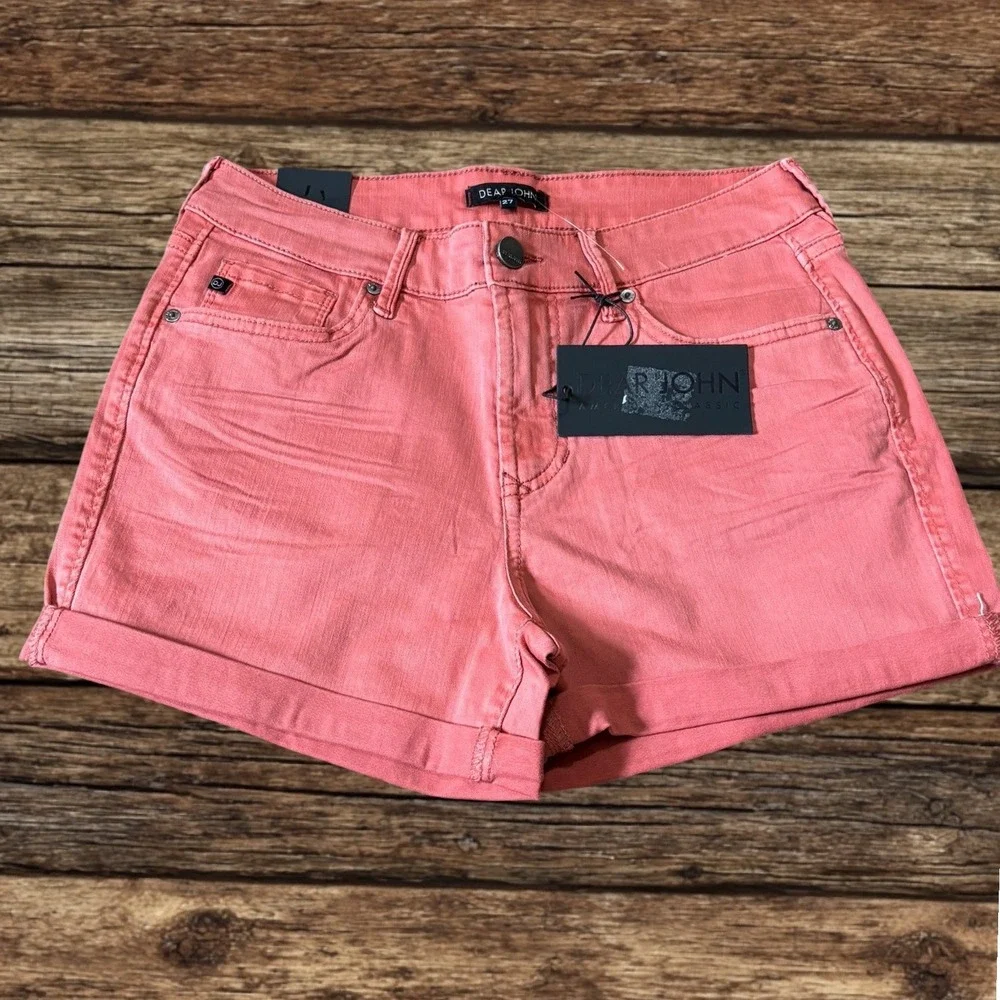 Dear John Coral Pink Cuffed Denim Shorts Mid Rise‎ Barbiecore Preppy Girly Beach